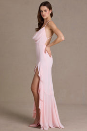 Oh Polly 15978 robe longue rose baby chiffon fendue