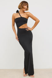 Oh Polly Kalina robe maxi noire jersey asymétrique fente