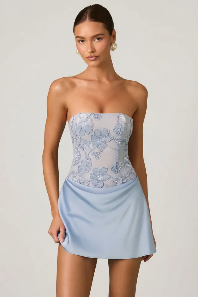 Oh Polly Embellished Eden 13254 robe mini bleu ciel