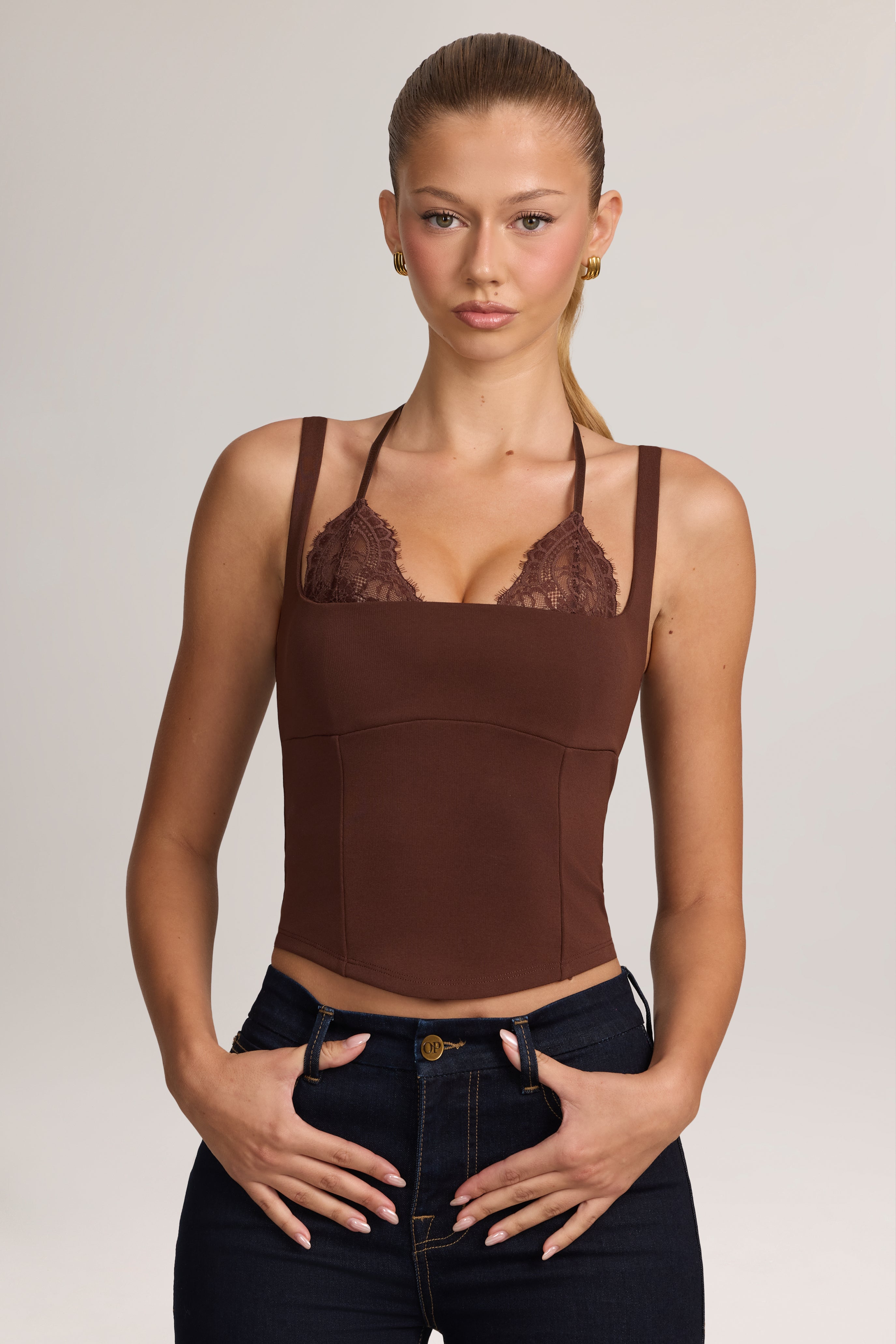 Oh Polly Albay tank top dentelle Cocoa Brown ponte