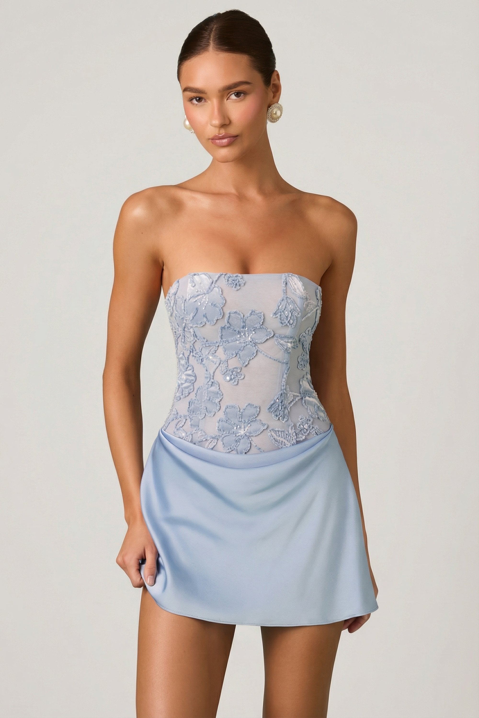Oh Polly Embellished Eden 13254 robe mini bleu ciel
