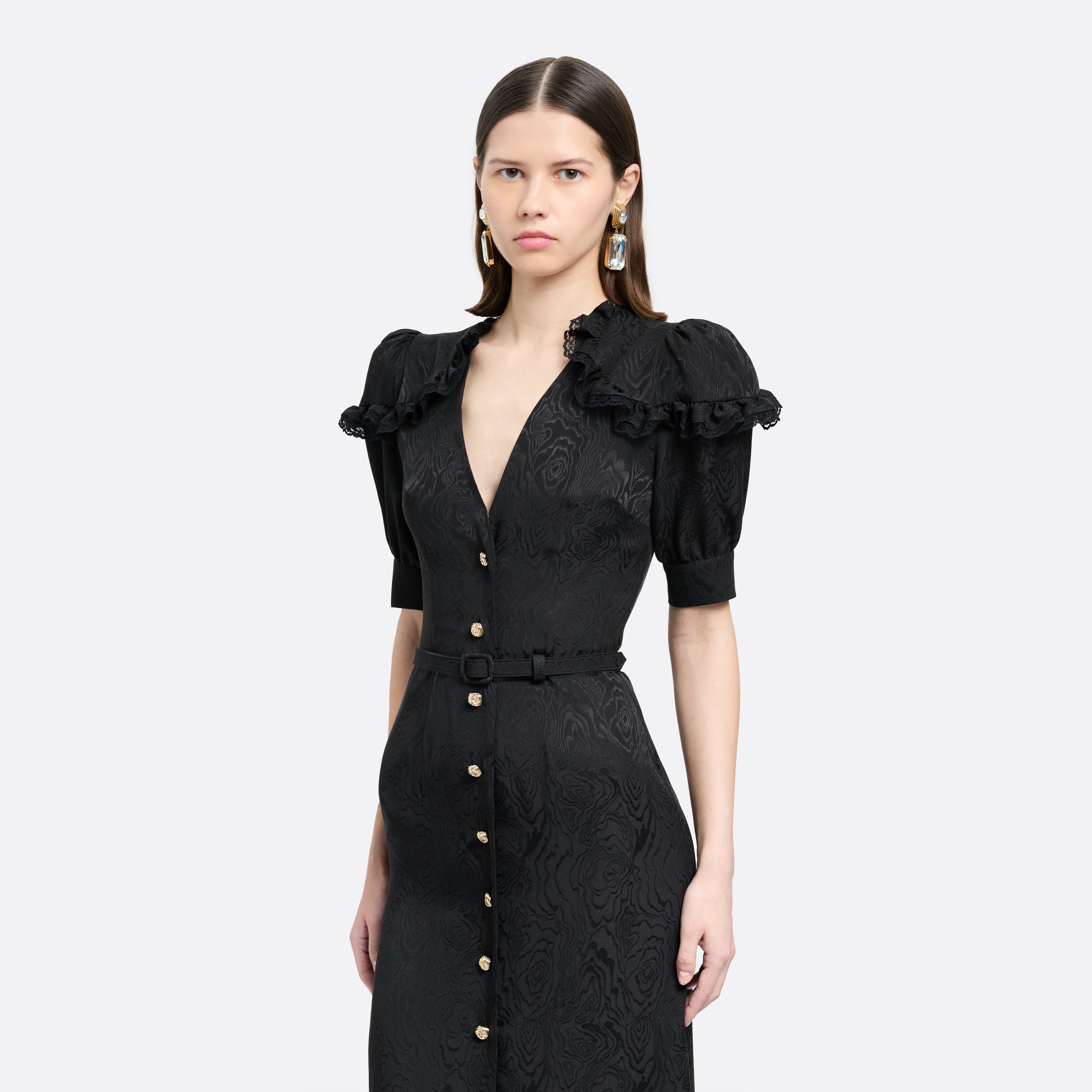 Alessandra Rich Silk Jacquard Midi V-Neckline robe midi noire soie