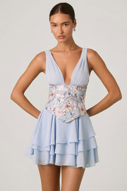 Oh Polly Embellished Sakura mini robe bleu floral corset volants