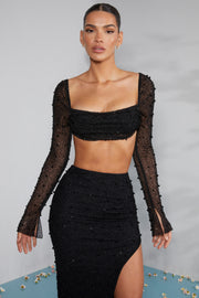 Oh Polly La Desirade Crop Top Perles Noir Col Bénitier