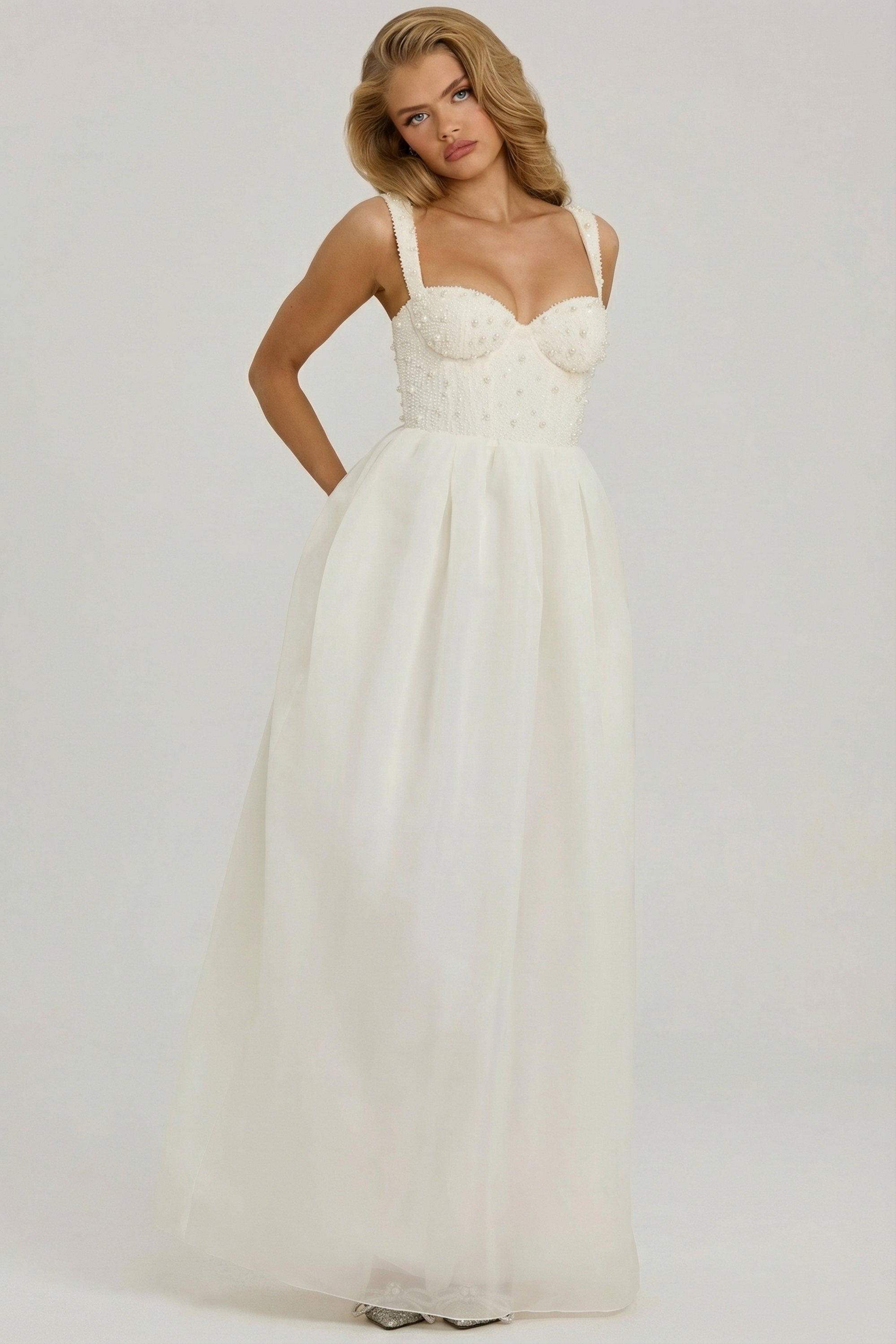Oh Polly Delancey robe longue blanche perles corset