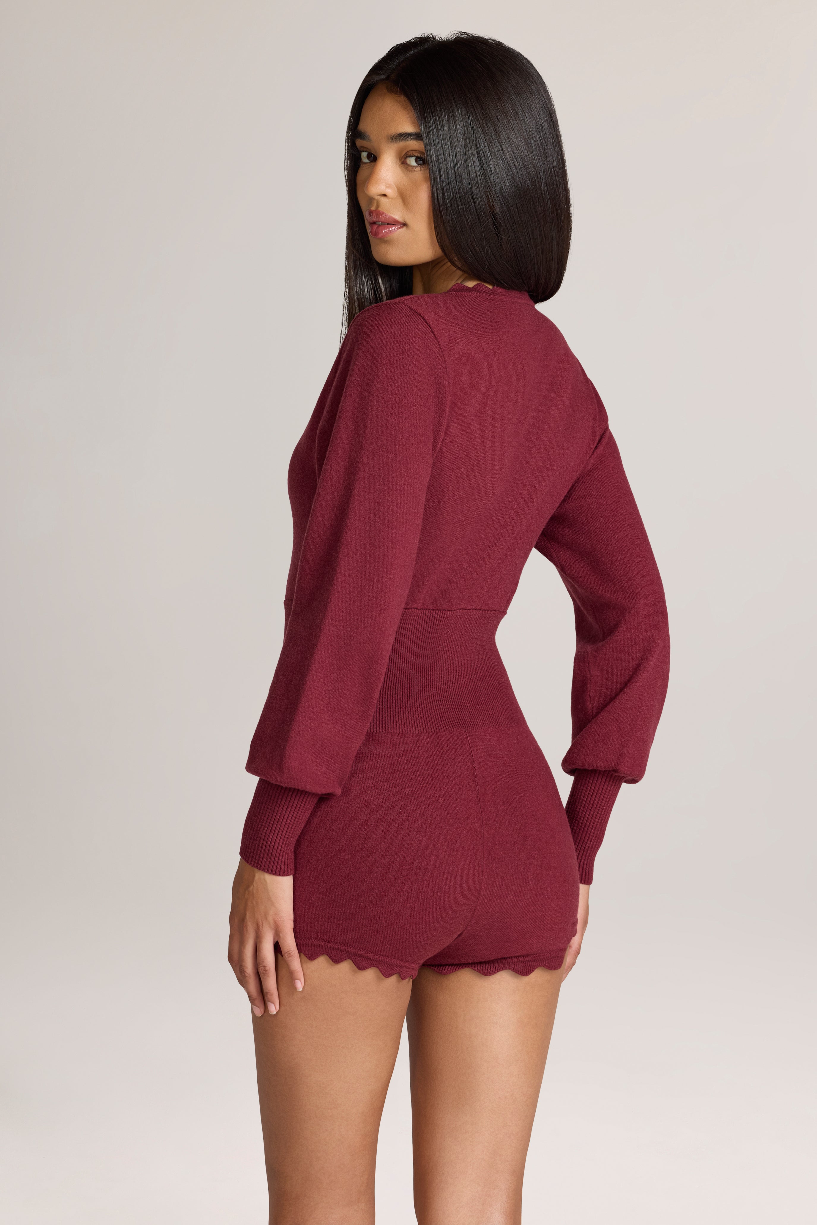 Oh Polly Myla Combishort Maille Bordeaux Manches Longues S