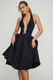 Oh Polly Angelina Robe Midi Licou Noire Black Nœuds