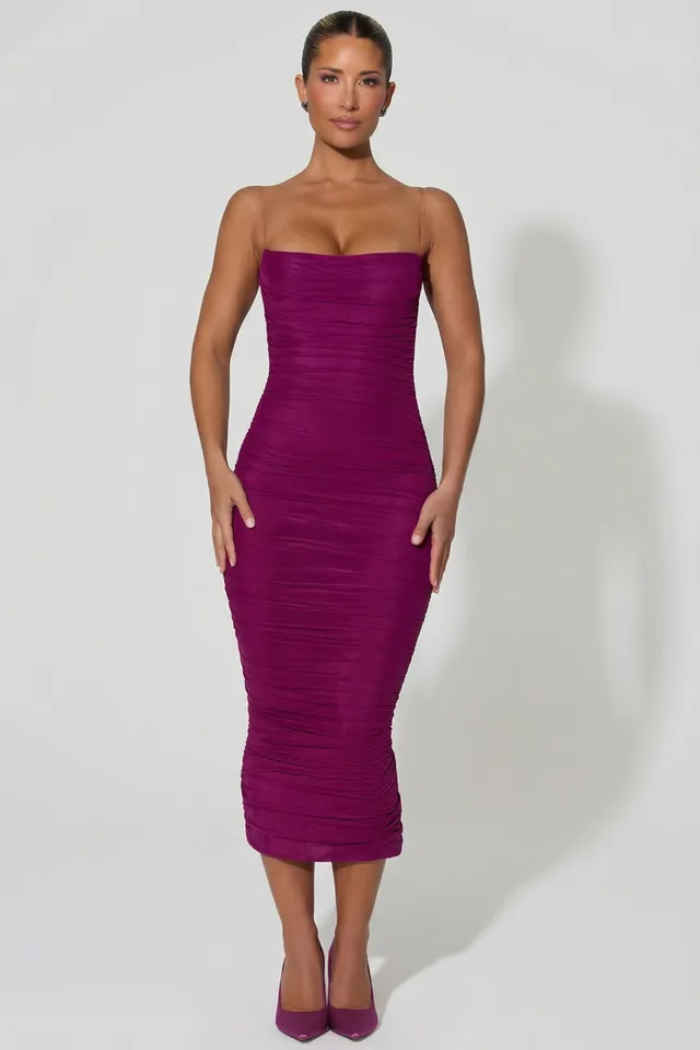 Oh Polly Dresses Alondra robe bodycon midaxi prune ruchée