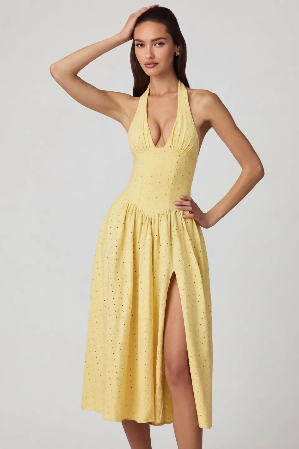 Oh Polly Farrah Robe Mi-longue Jaune Citron Dos Nu