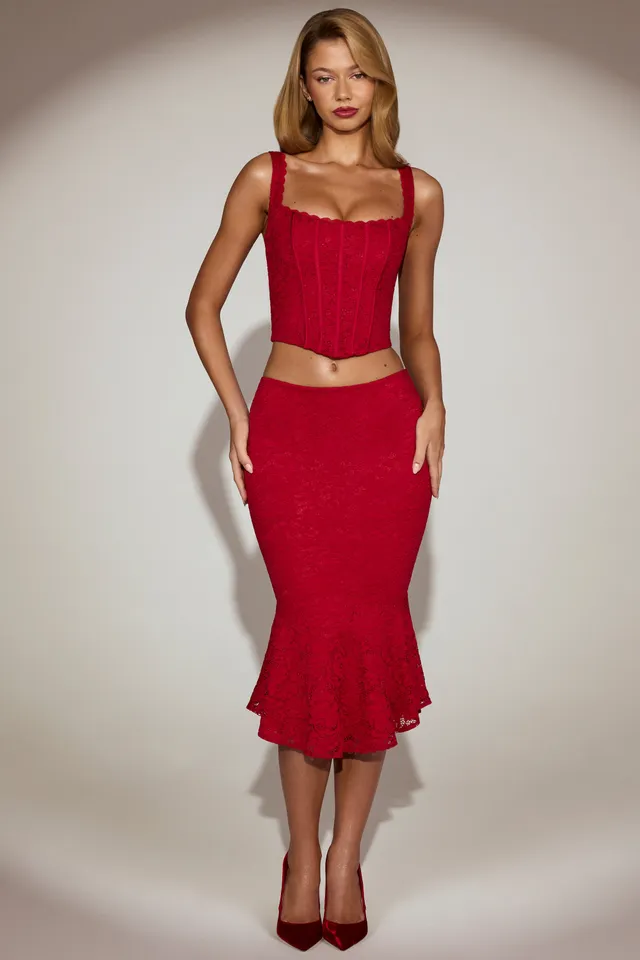 Oh Polly Coral jupe midi rouge dentelle évasée