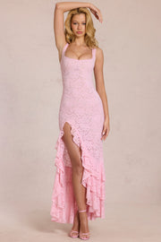 Oh Polly Celira robe longue dentelle rose blossom fente cuisse