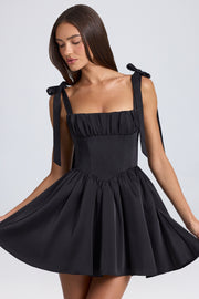 Oh Polly Draped Corset Mini Robe Noire Satin Dos Lacé