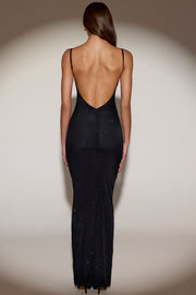 Oh Polly Embellished Celandine robe maxi noire dos nu strass