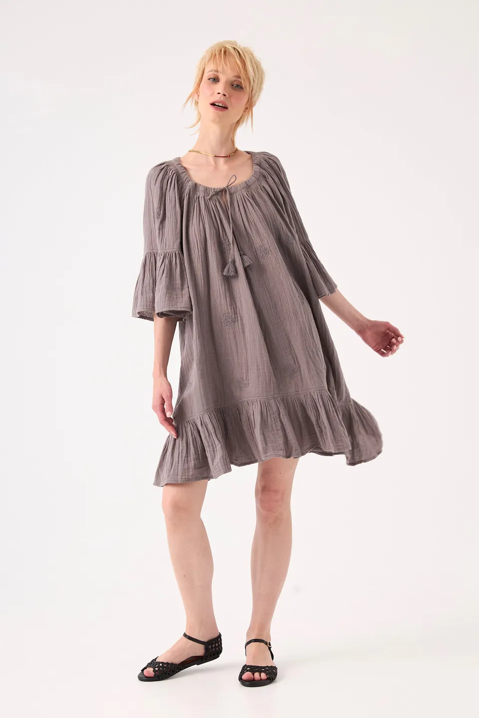 CHICOSOLEIL FAYE Robe Courte Gris Gaze Coton