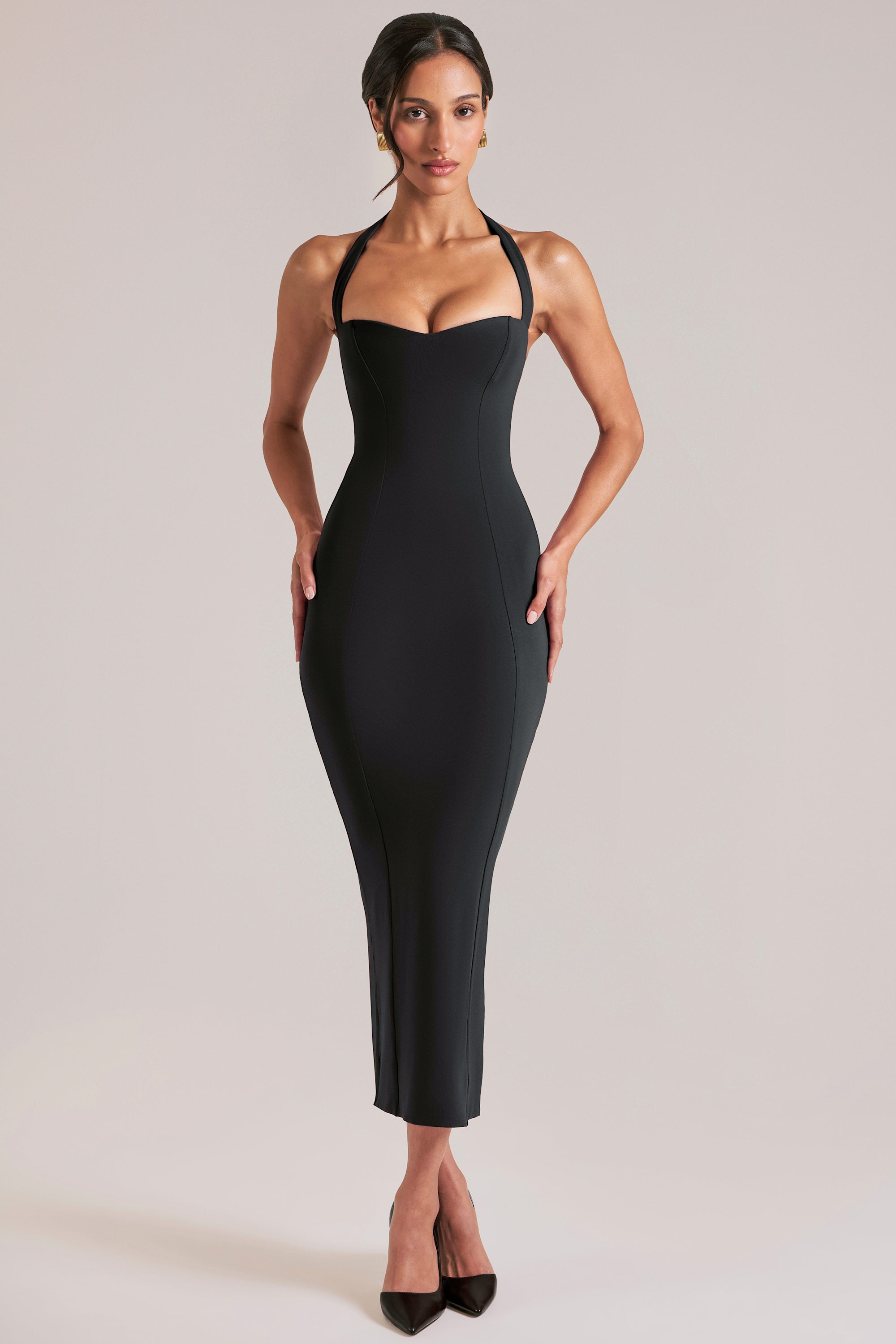 Oh Polly 15985 robe midaxi halter bustier noir Black