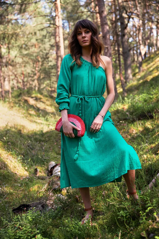 Chicosoleil Pepita robe midi verte asymétrique gaze coton