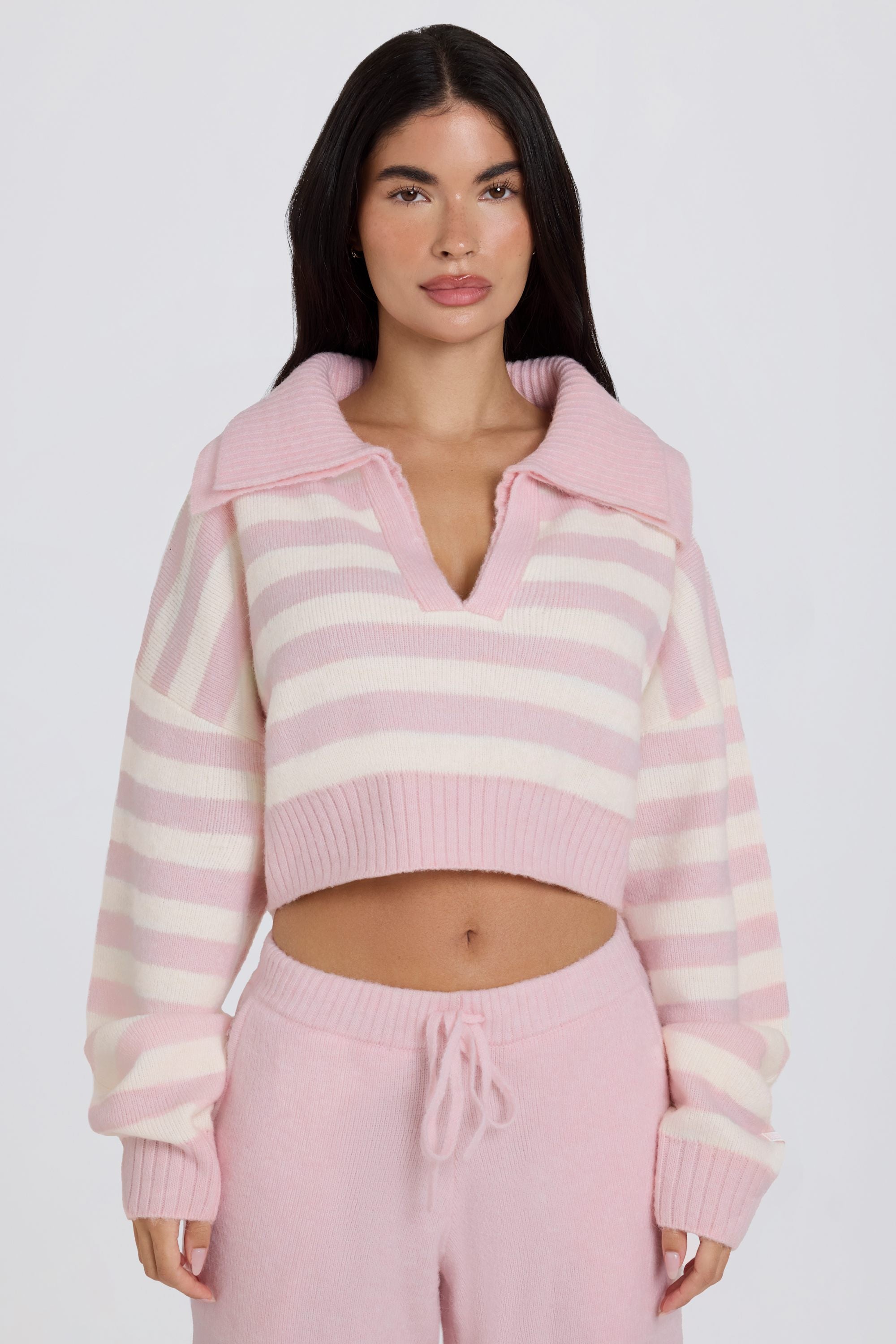Oh Polly pull court maille douce rose rayé col V