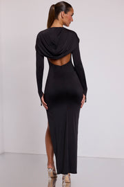 Oh Polly Desdemona Maxi Robe Noire Capuche Fendue