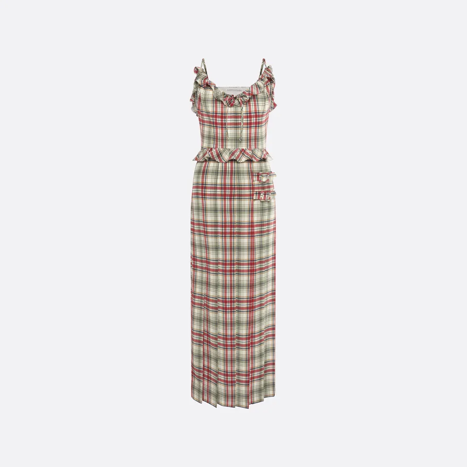 Alessandra Rich robe midi soie tartan vert rouge 36