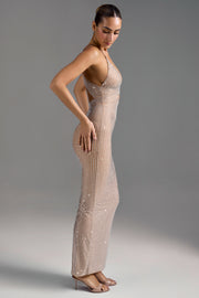 Oh Polly Embellished 9091 Robe Maxi Beige Strass Découpée
