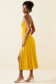 Oh Polly Joely robe bustier jaune jersey fente midaxi