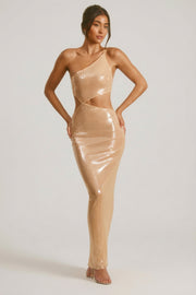 Oh Polly Isabel 7124 Robe Maxi Camel Paillettes Une Épaule