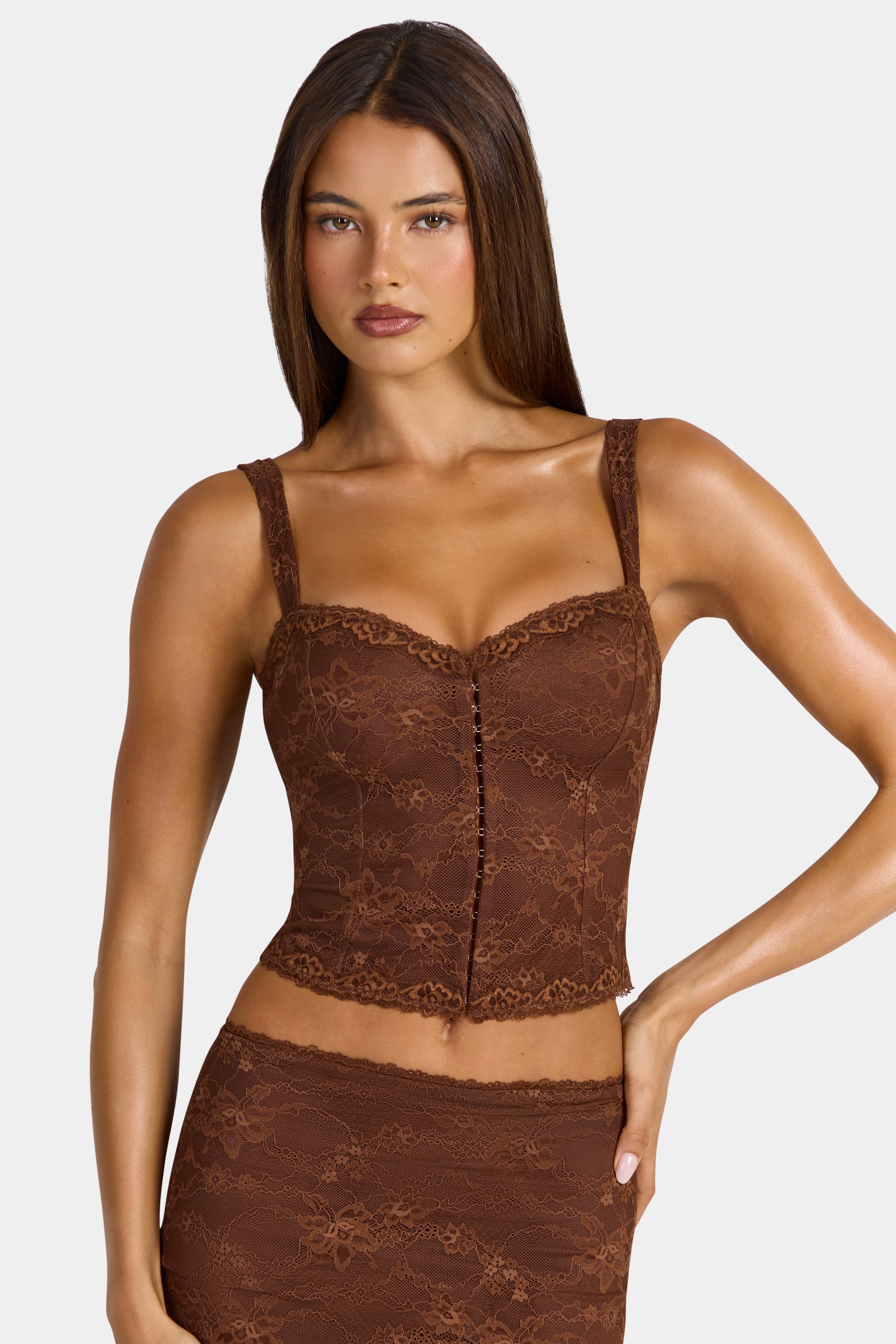 Oh Polly Nisa caraco dentelle marron cropped cocoa brown