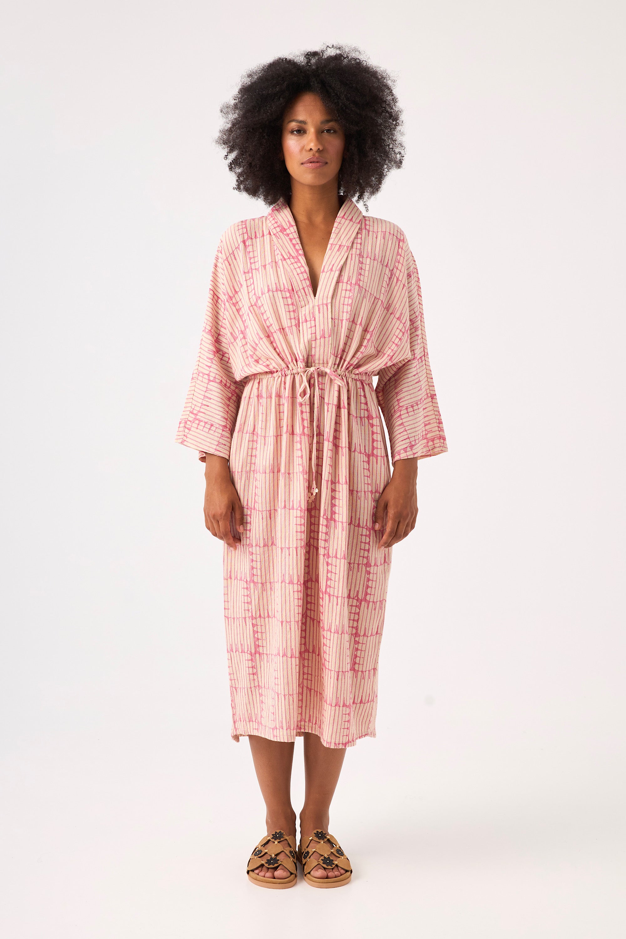 Chicosoleil Winona robe longue rose col châle coton