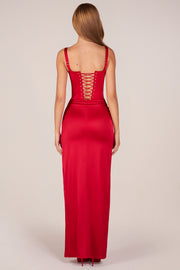 Oh Polly Marleigh 15691 Robe Maxi Rouge Corset Satin