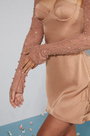 Oh Polly Embellished Geneva 6717 robe mini beige satin strass