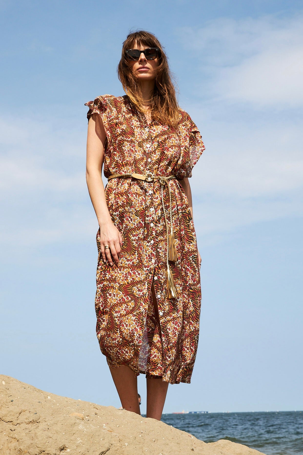 Chicosoleil Isabella robe longue Tiger Roses gaze coton