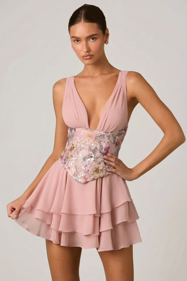 Oh Polly Embellished Sakura mini robe rose floral corset volants