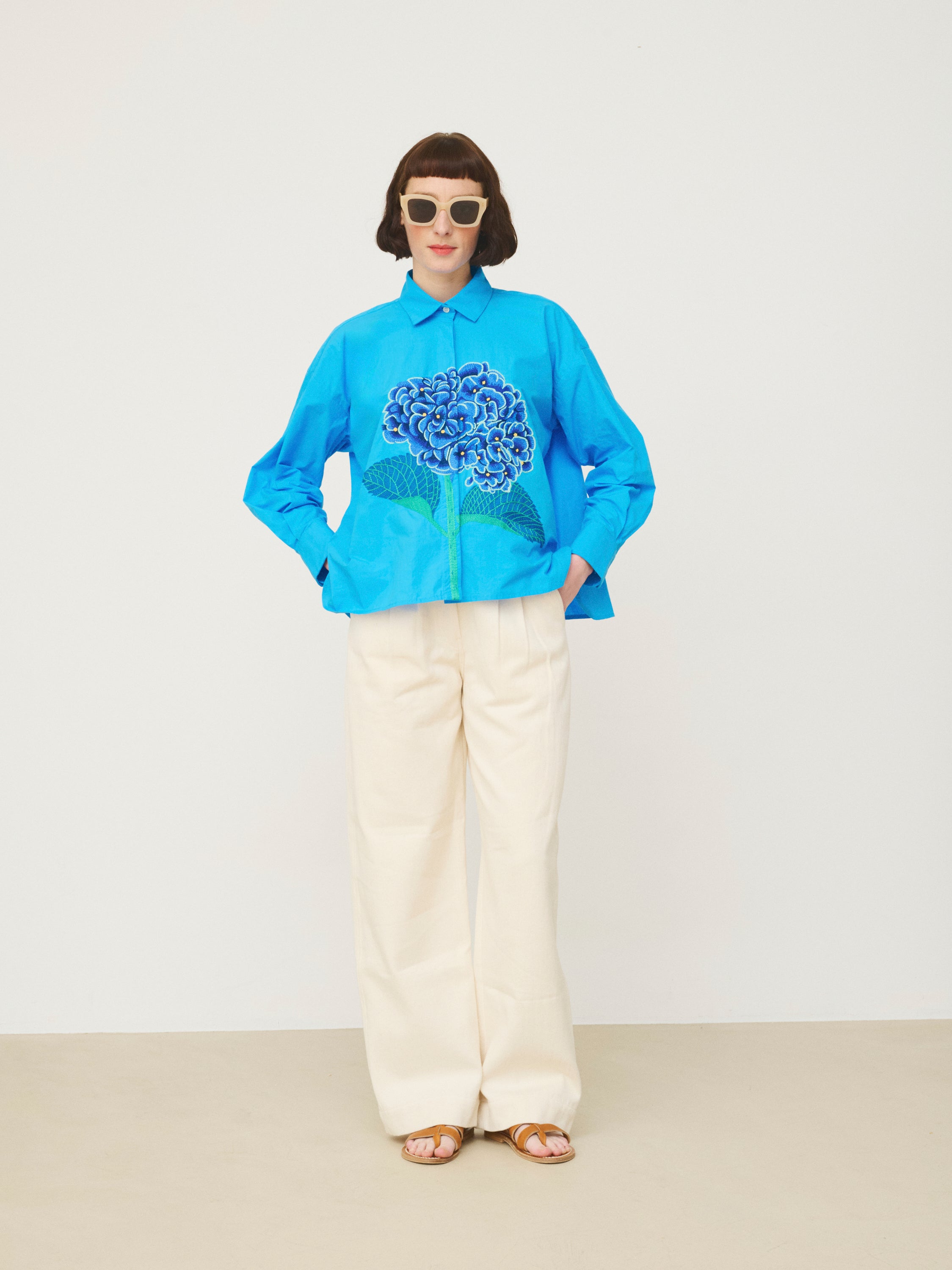 Mii Greta chemise brodée bleu turquoise