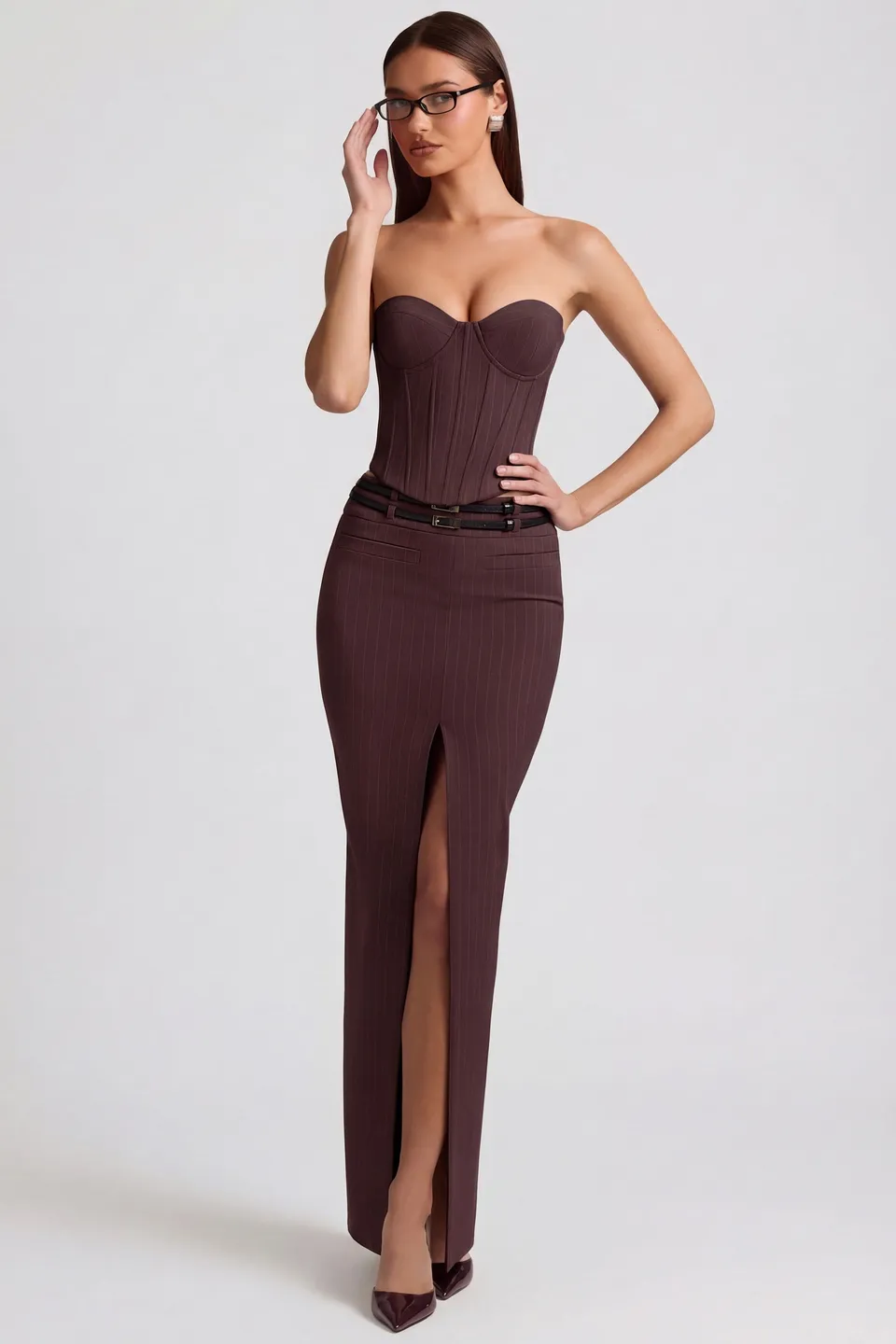 Oh Polly Liora jupe maxi marron chocolat rayée fendue