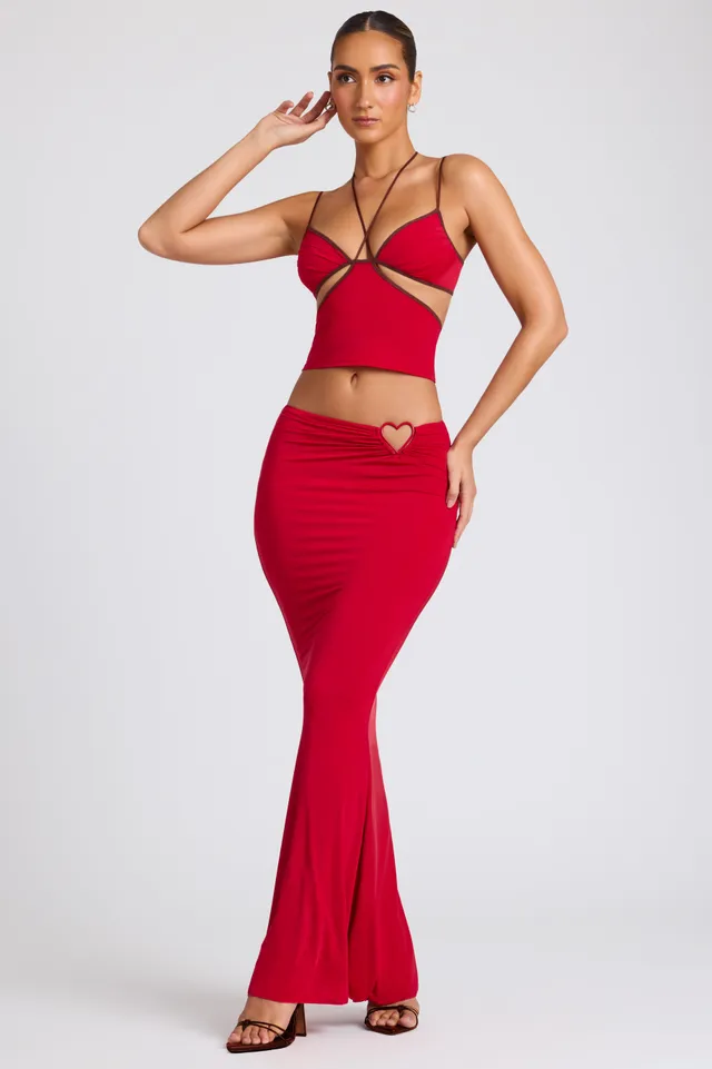Oh Polly Sabine 8009 jupe maxi rouge feu taille mi-haute