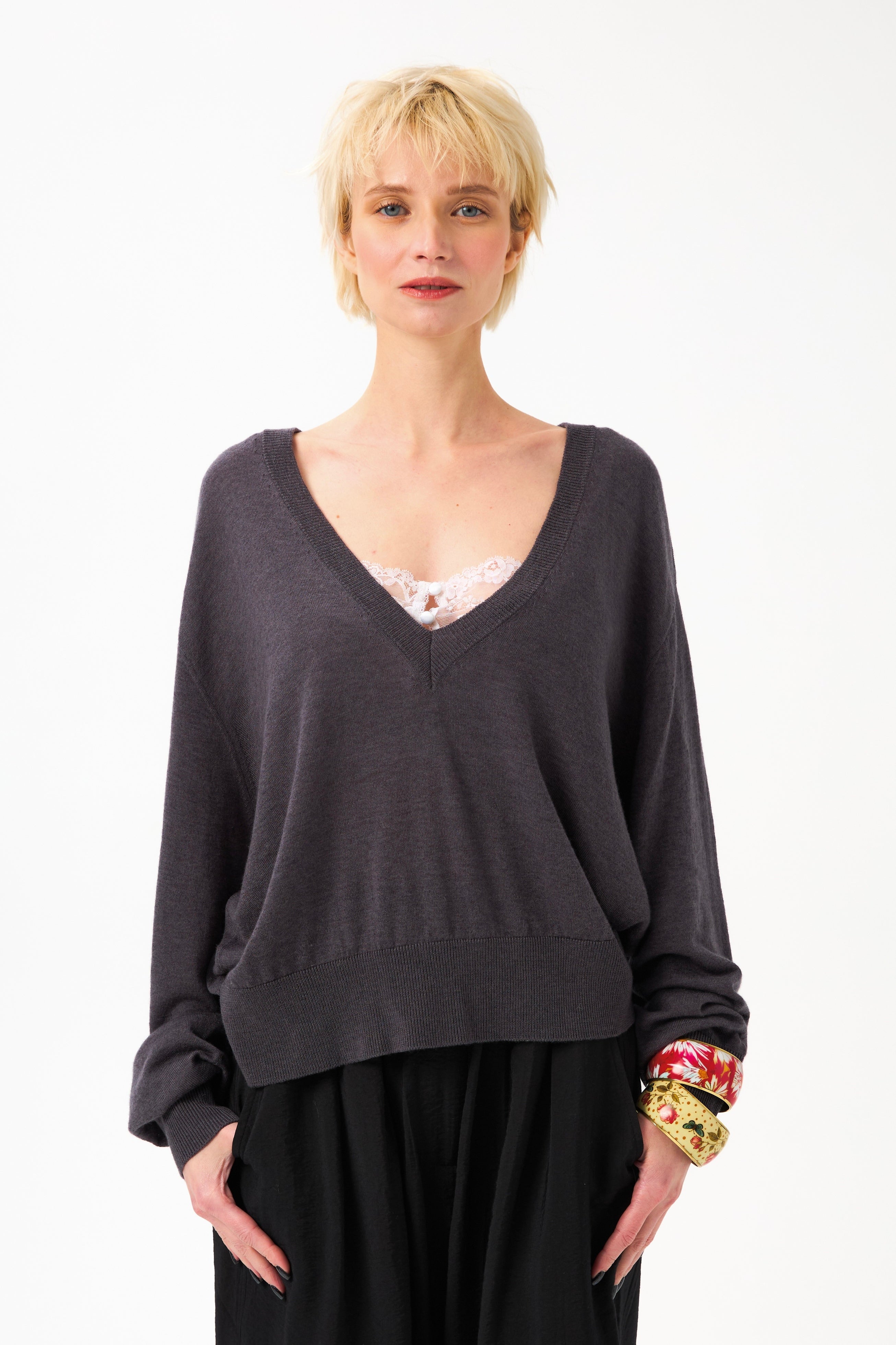 Chicosoleil Poupy pull col V gris XS