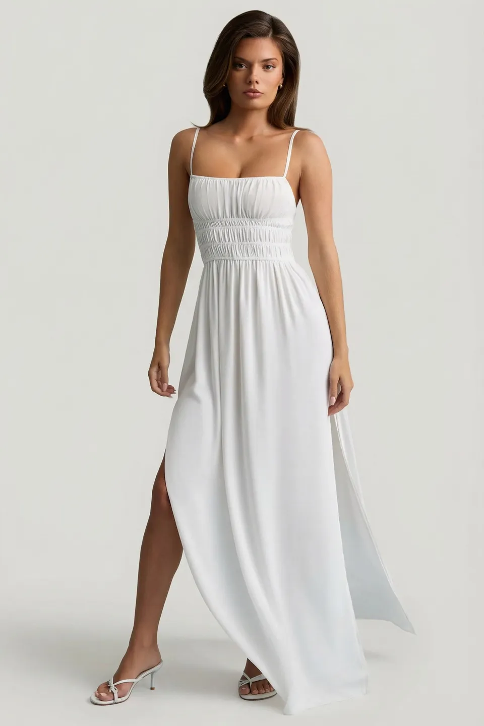Oh Polly Olyssia robe maxi blanche bretelles smockée