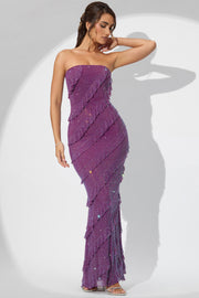 Oh Polly Dulce robe maxi bustier prune volants strass