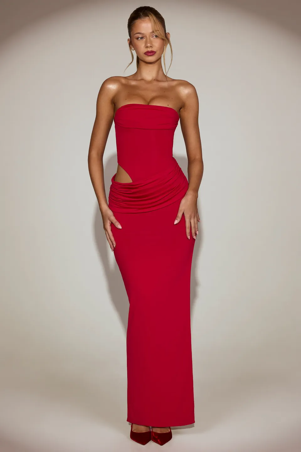 Oh Polly Zorya 15480 robe maxi rouge bandeau fendue