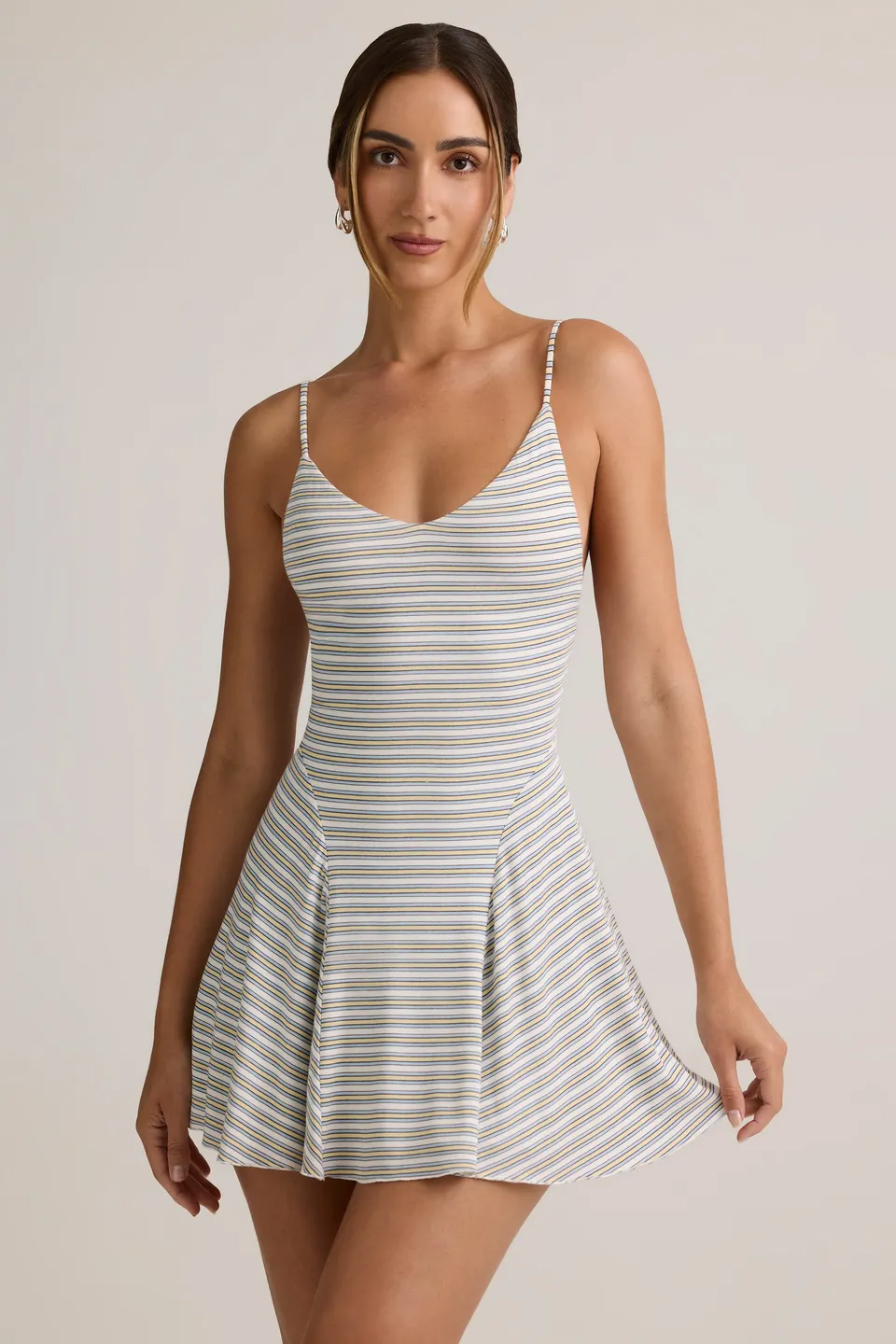 Oh Polly Mansi Modal Mini Robe Bleu Jaune Rayée Dos Nu