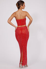 Oh Polly Embellished Jupe Maxi 7835 Rouge Feu Strass