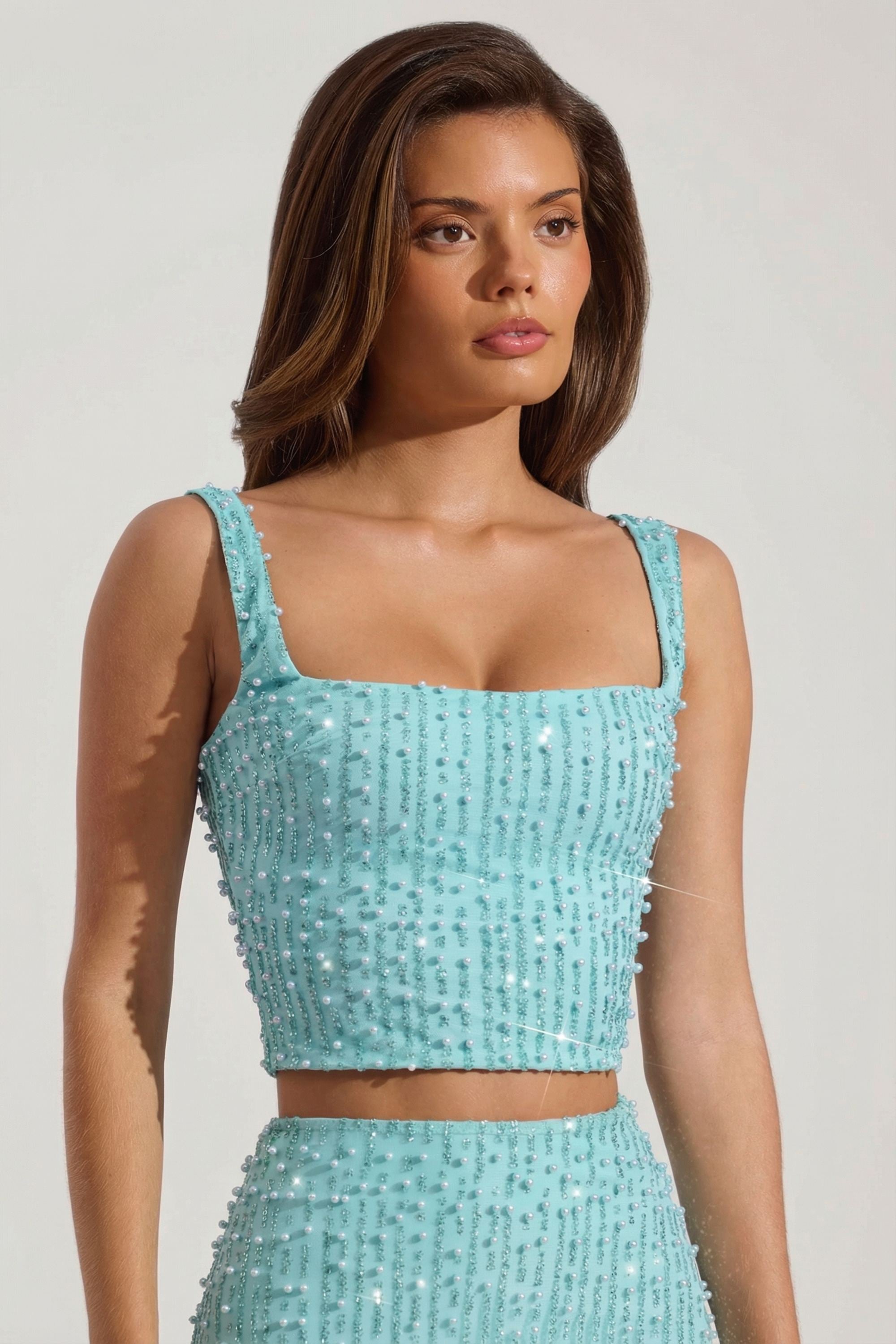 Oh Polly Lirael 14478 crop top col carré aquamarine perles