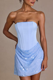 Oh Polly Embellished robe mini satin bleu ciel sequins
