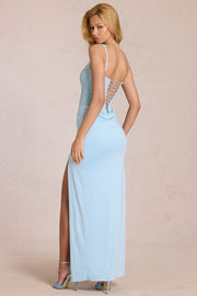 Oh Polly Zalia robe longue dentelle bleu poudre fendue