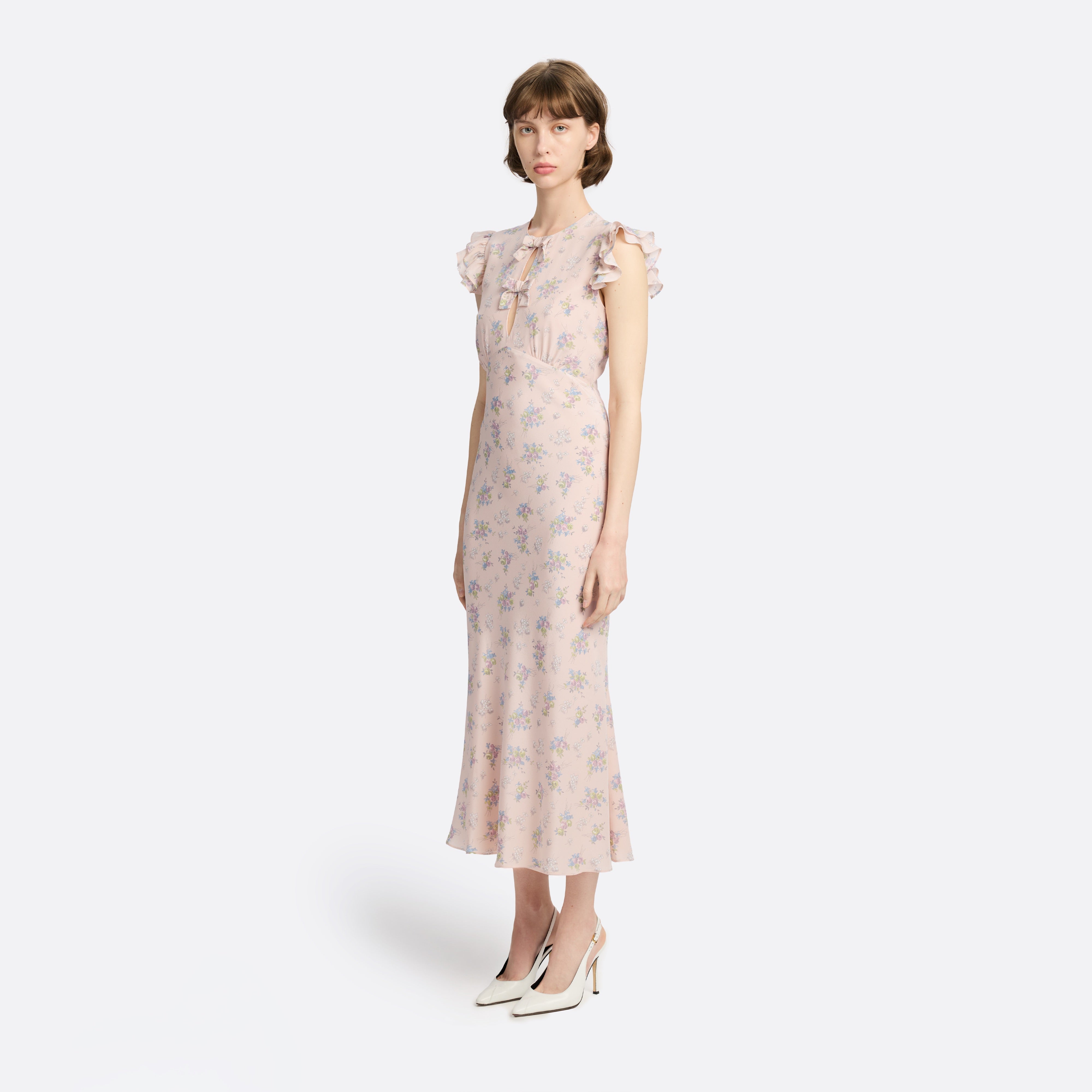 Alessandra Rich Dresses robe midi soie rose fleurie volants