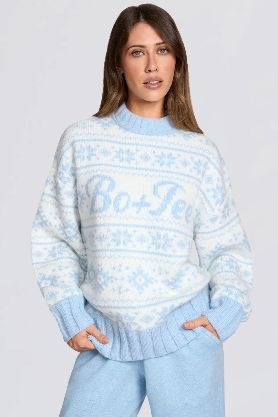 Oh Polly Knitwear Pull Jacquard Oversize Bleu Poudre Laine