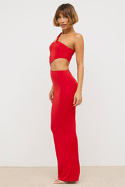 Oh Polly Kalina Robe Maxi Asymétrique Rouge Scarlet Jersey