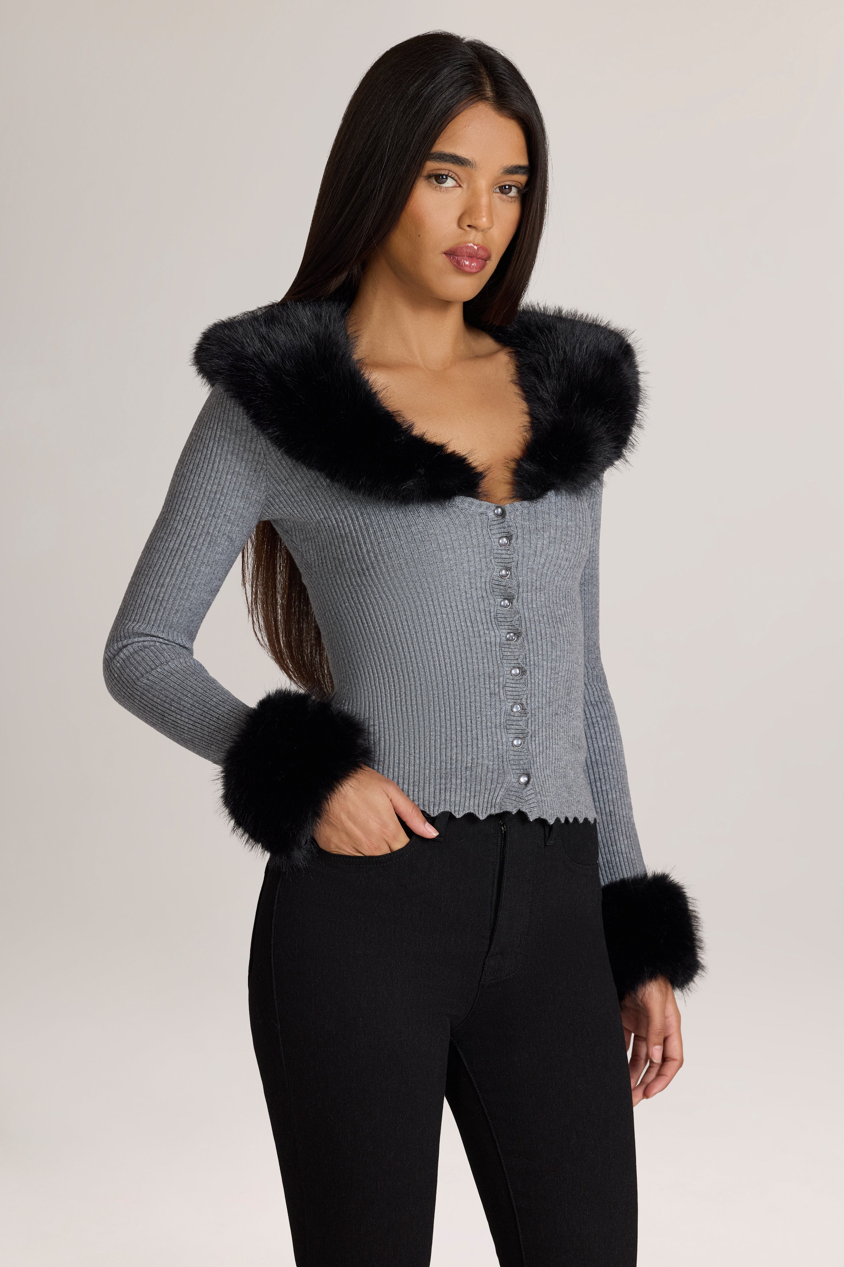 Oh Polly Lissie cardigan maille gris fausse fourrure