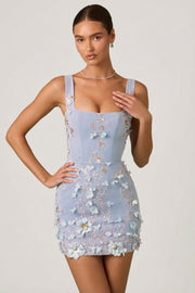 Oh Polly Briar Appliqué Corset Mini robe satin bleu ciel fleurs