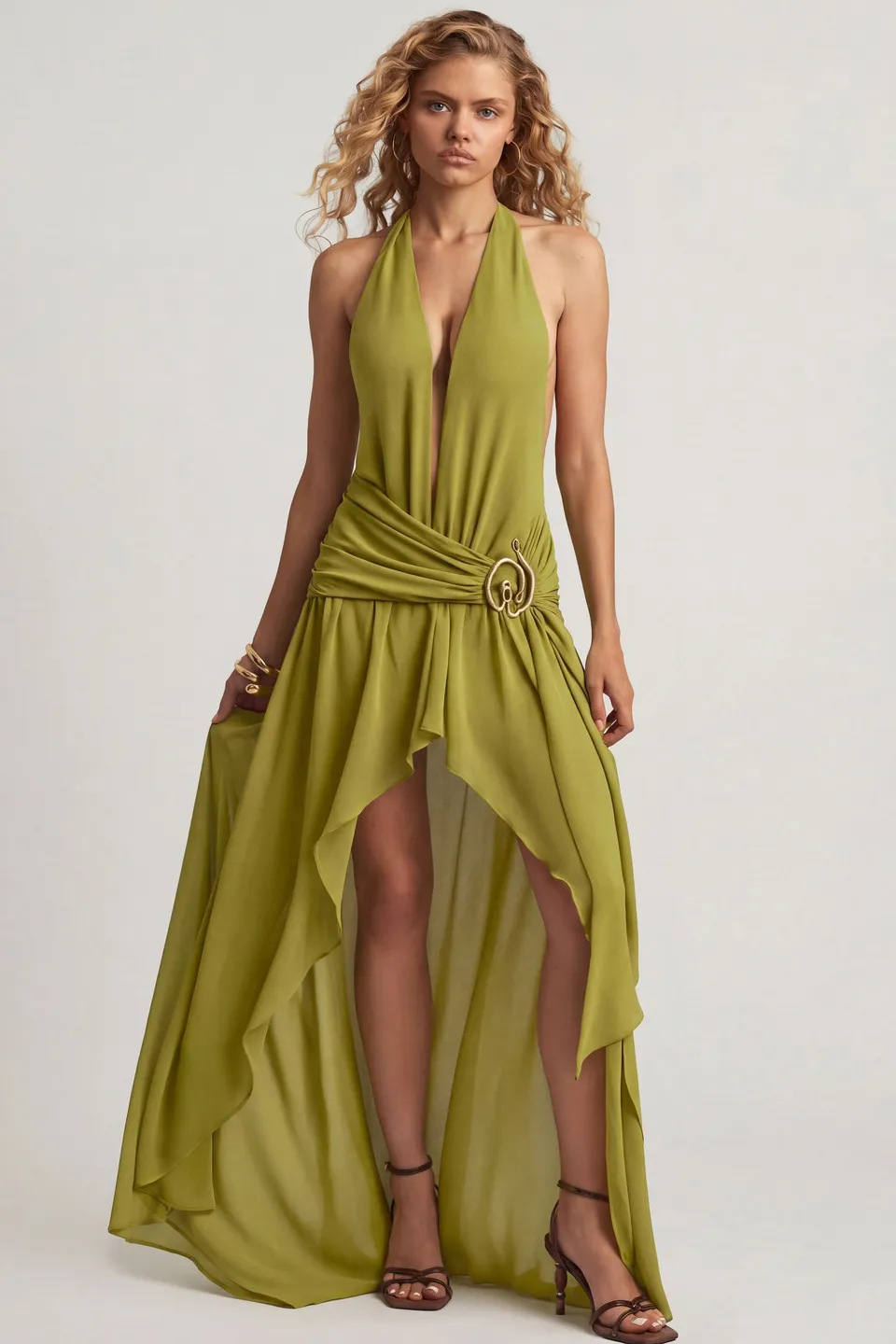 Oh Polly Oliana 14314 robe maxi vert olive asymétrique